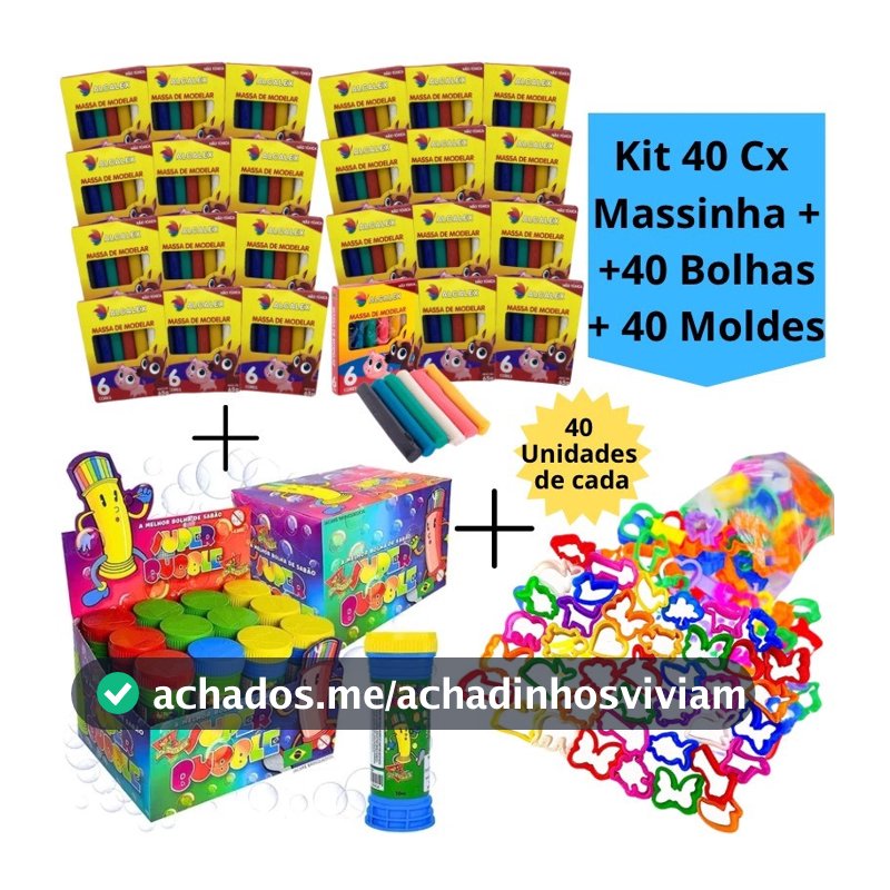 Kit 40 Cx Massinha de Modelar + 40 Bolhas de Sabão + 40 Molde Cortador Kit Festa Forminha Lembrancinha Infantil Escolar