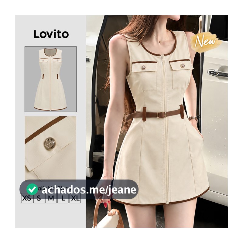 (New Arrival) Lovito Vestido cáqui Feminino Casual Gola U Vivo Contrastante Bolso Falso Curto E evasê primavera/verão (sem Cinto) DRK10P2D639