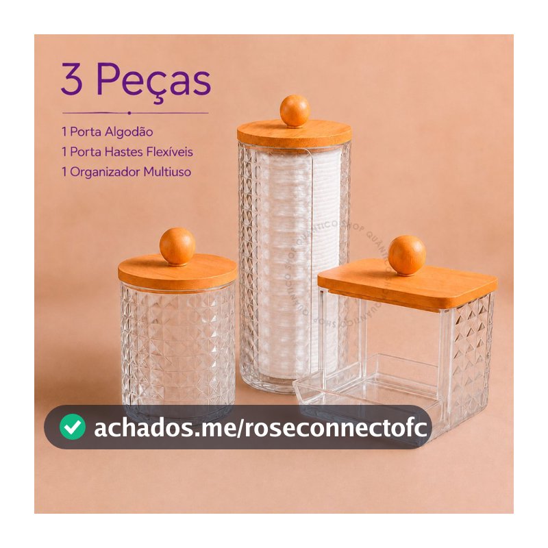 kit 3 Organizadores Tampa Bambu Porta Algodão ou Porta Cotonete Acrílico