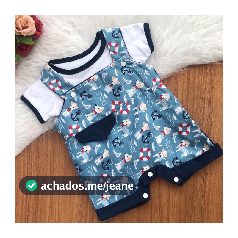Macacão curto com camiseta para bebe menino macaquinho jardineira marinheiro