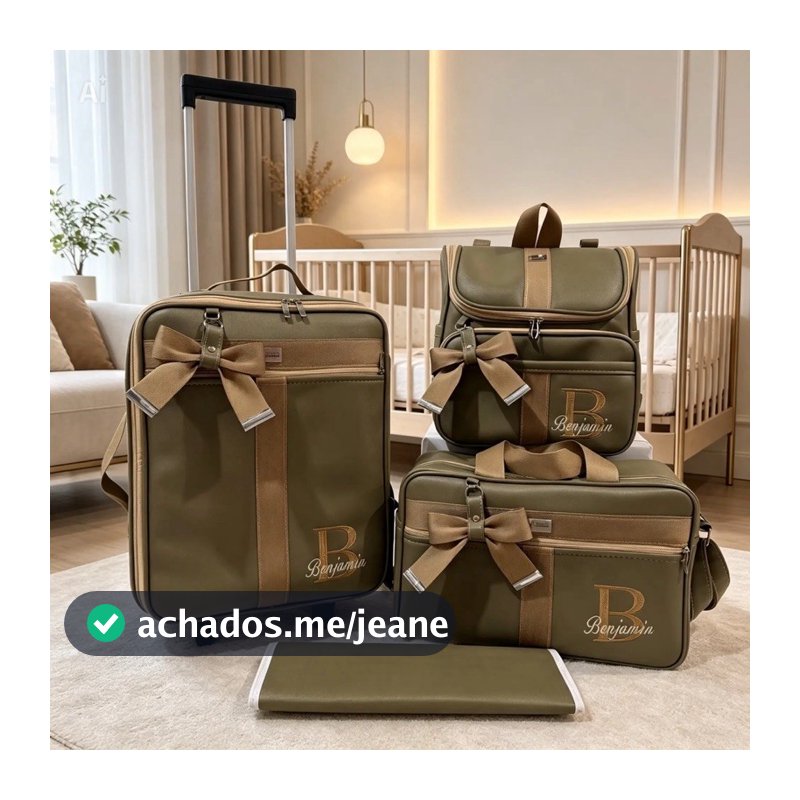kit de bolsa de maternidade com mala de rodinha verde com faixa bege escuro .