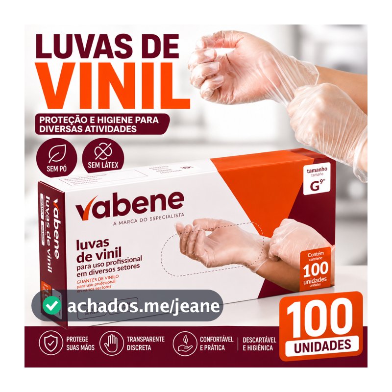 Luva de Vinil Transparente Vabene Sem Pó e Sem Látex Tamanhos P M G – 50, 100 ou 200 Unidades