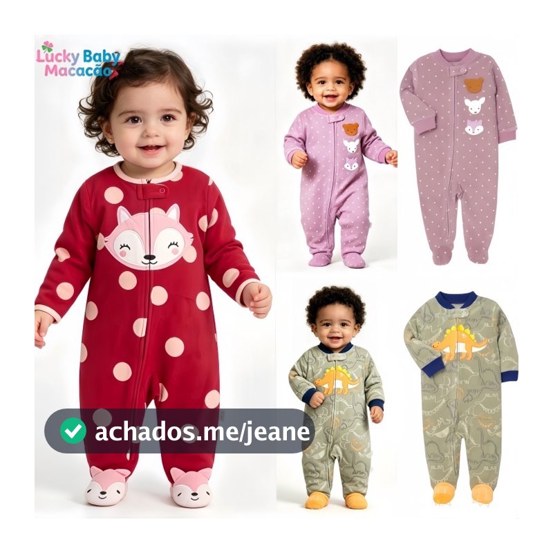 Lucky Baby Macaquinho Bebê Fleece Quentinho Estampado Zíper Manga Longa Pijama Outono Inverno 0-12M