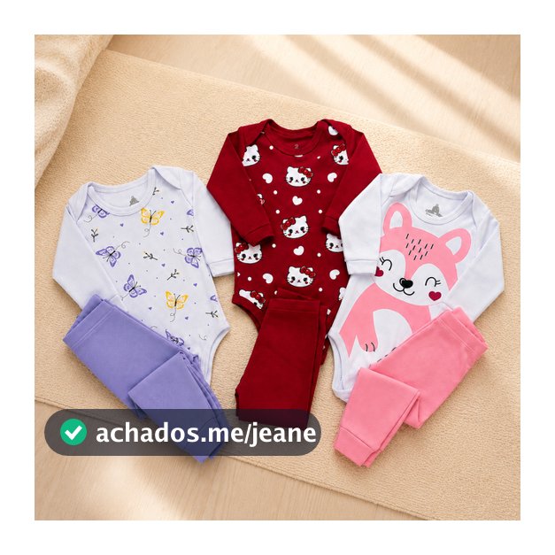 Kit 6 Peças Bebê Menina 100% Algodão | 3 Body Manga Longa + 3 Calça | RN ao GG | Closet Infantil