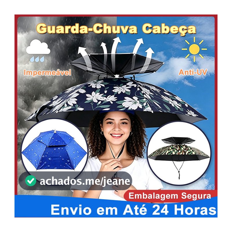 Guarda-Chuva de Cabeça 77cm Impermeável Anti-UV UPF50+, Dupla Camada Resistente ao Vento, Ideal para Pesca, Trilha