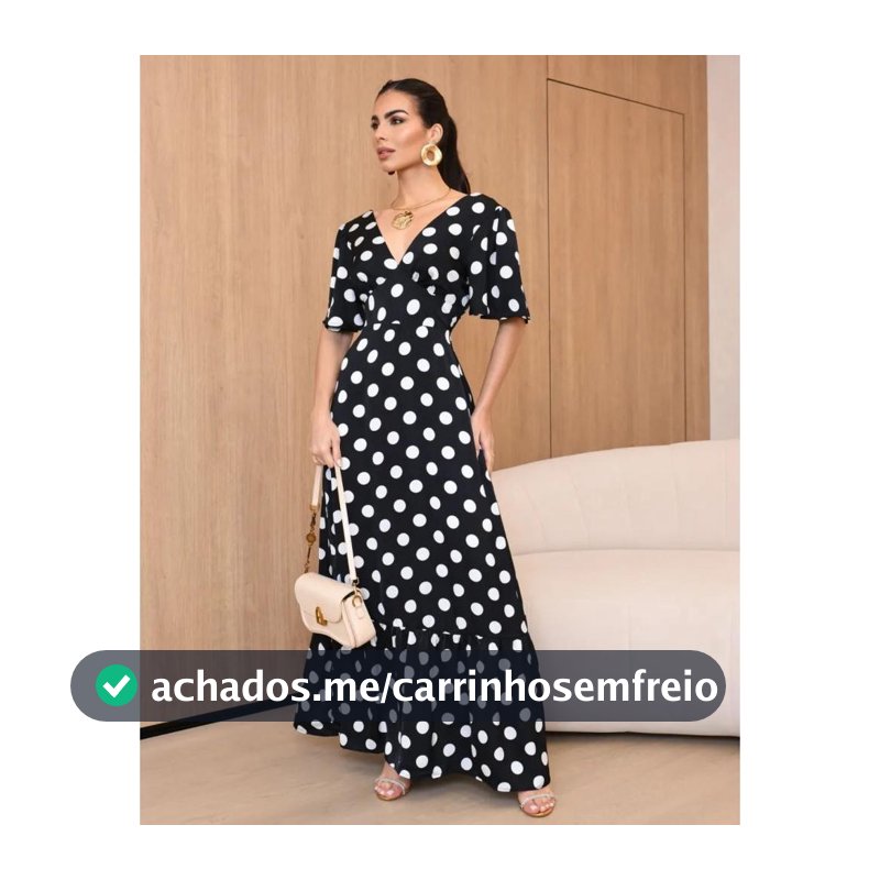 Vestido Feminino Longo Poá Bolinhas Manga Curta Decote V Tendência Blogueira