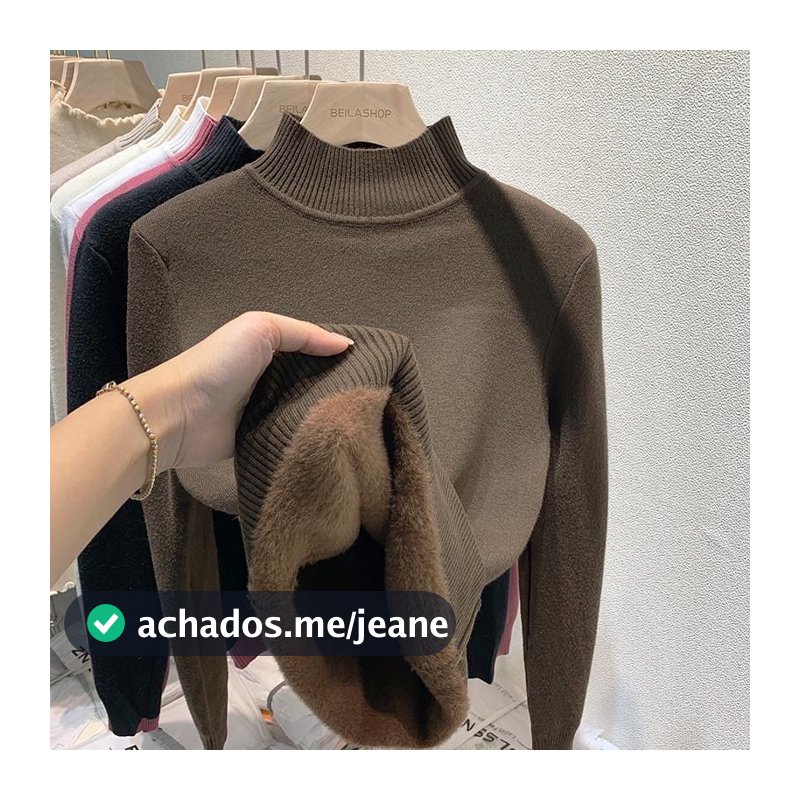 Mulheres Outono Inverno Camisola Grossa Quente Manga Longa Sólida De Malha Veludo Meia Gola Alta Pulôver Suéteres