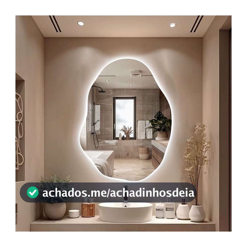 Espelho Grande Parede Formato Orgânico Com Led Banheiro Sala Quarto Luz Quente