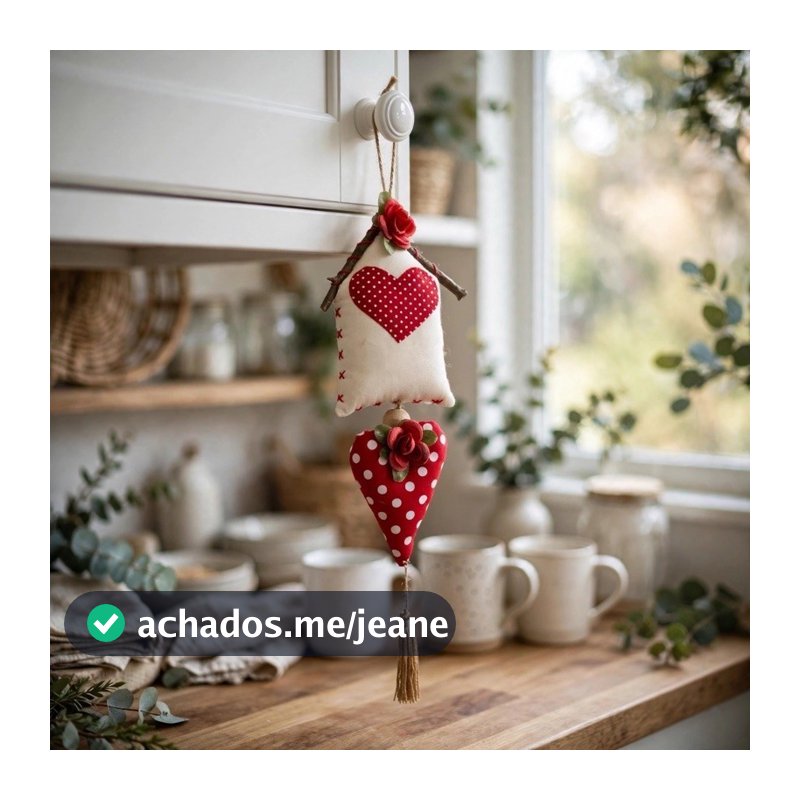 Enfeite Pendente Casinha Coração Poá Vermelho 45cm Decoração Afetiva Porta Cozinha Feito à Mão .