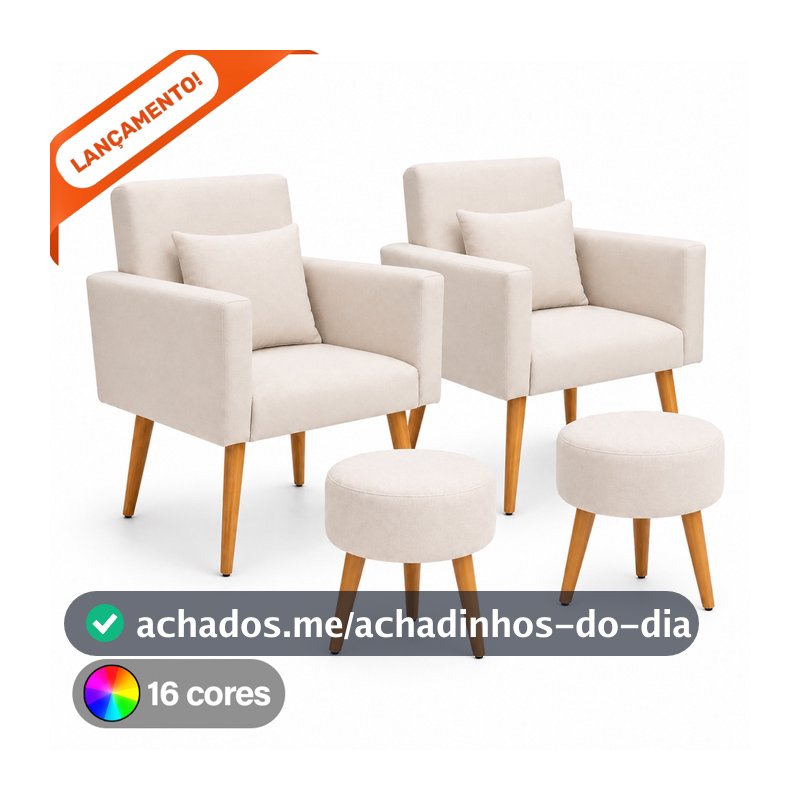 Conjunto 02 Poltronas Decorativas para Sala Nina com Almofadas e 02 Puff Redondo Suede Aninha Decor