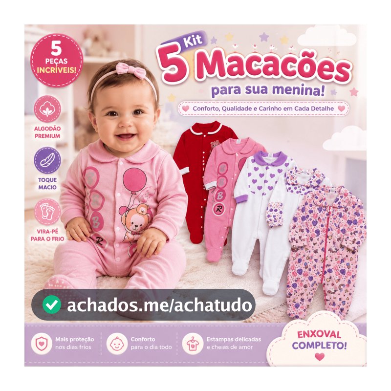Kit 5 Macacões Bebê Menina Algodão Vira Pé Inverno Estampado Macio Confortável Enxoval