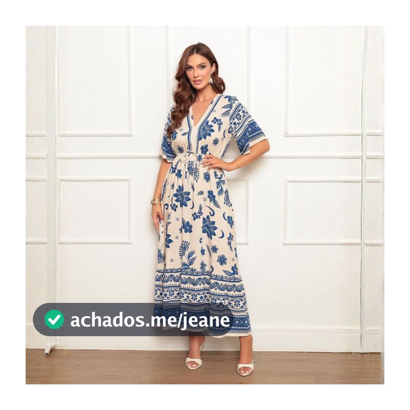 Vestido Estampado Longo Feminino Viscolinho com Decote V Manga Curta
