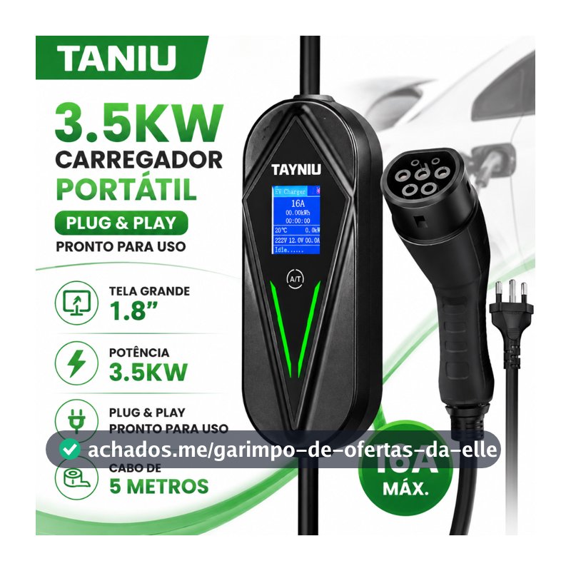 TAYNIU Carregador para Carros Elétricos e Híbridos 3.5kW Plug and Play com Cabo 5m Use em Qualquer Tomada 20A