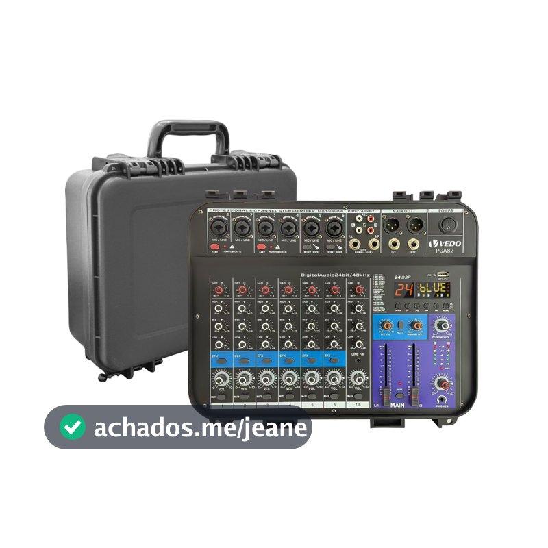 VEDO Mesa De Som Amplificada Profissional 8 Canais com Efeitos/Bluetooth/EQ Phantom Power +48V 2x150W Bivolt