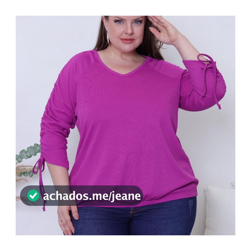 Blusa Feminina Plus Size Manga Três Quartos 3/4 Decote V Casual