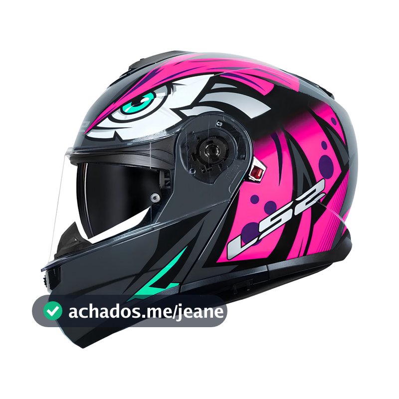 Capacete Ls2 Strobe ll Articulado Escamoteavel FF908 Fucsia com Oculos interno Rosa Cinza e Azul