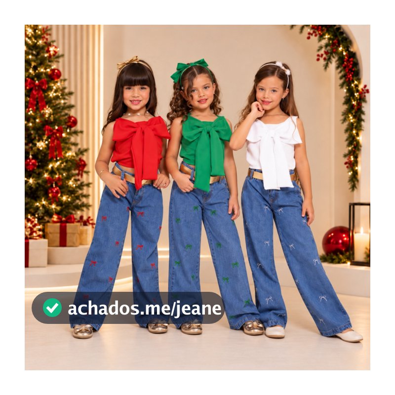Conjunto Infantil Menina Blusa com Laço e Calça Jeans Wide Leg Bordada 4 ao 16 Anos