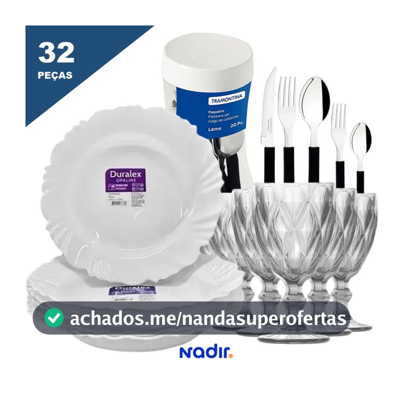 Aparelho de Jantar Jogo de Pratos e Taças de Vidro com Jogo de Talheres Tramontina 32 Peças