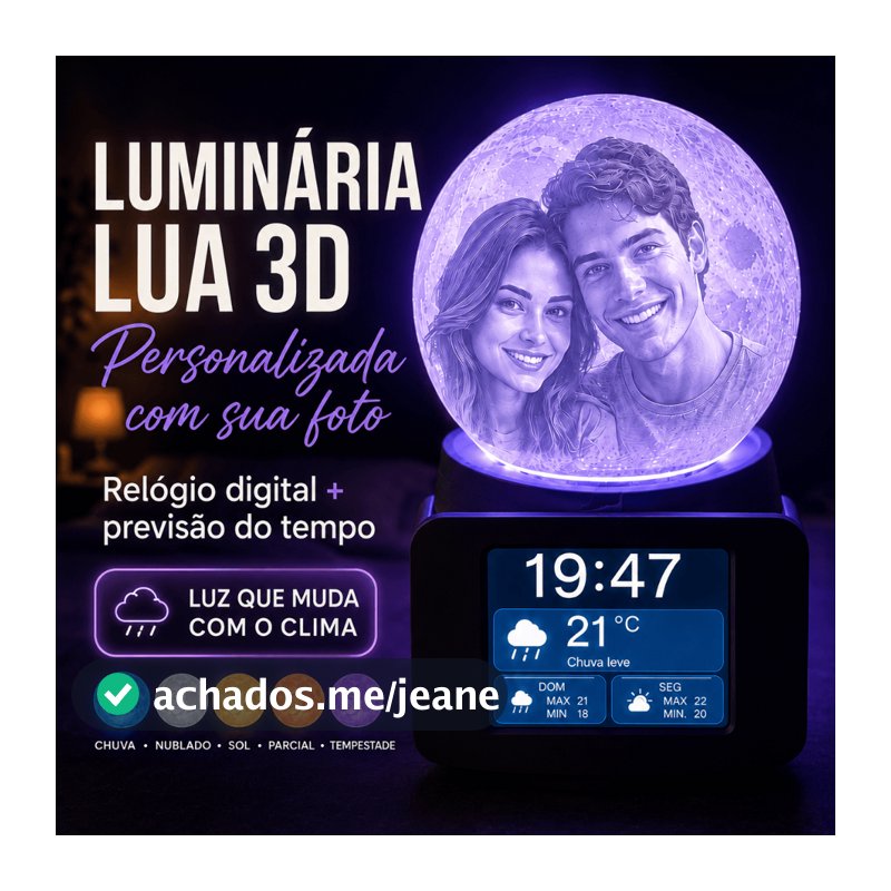 Luminária Lua 3D com Foto 15cm | Abajur LED com Relógio Wi‑Fi e Clima | Presente Personalizado