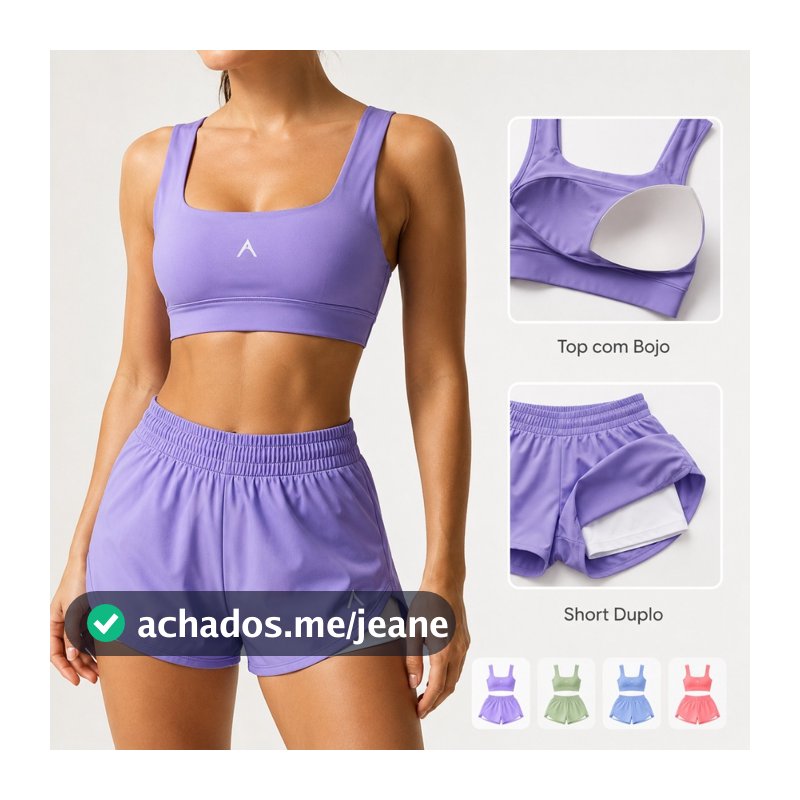 Conjunto Short Duplo Fitness Feminino Top com Bojo Premium Poliamida Tactel Academia Corrida Cintura Alta