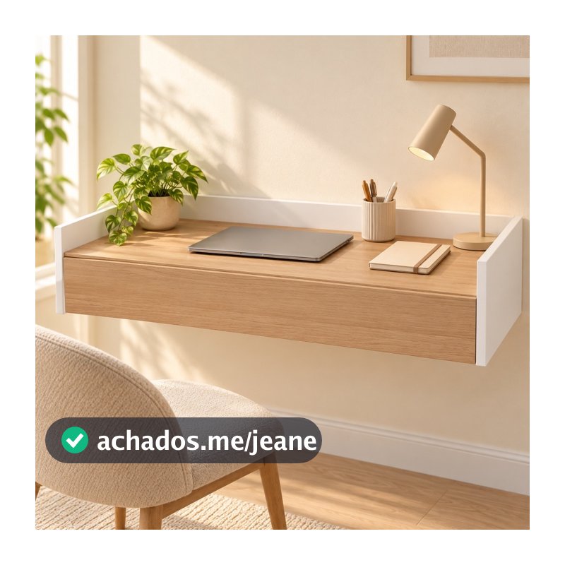 Escrivaninha Suspensa Home Office Estudo 90cm Com Porta Basculante Nicho P/ Quarto Branco Amadeirado