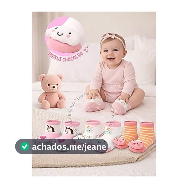 Kit 12 Pares de Meia Bebê Menina Chocalho Pelucia no Pé Inverno Algodão Premium