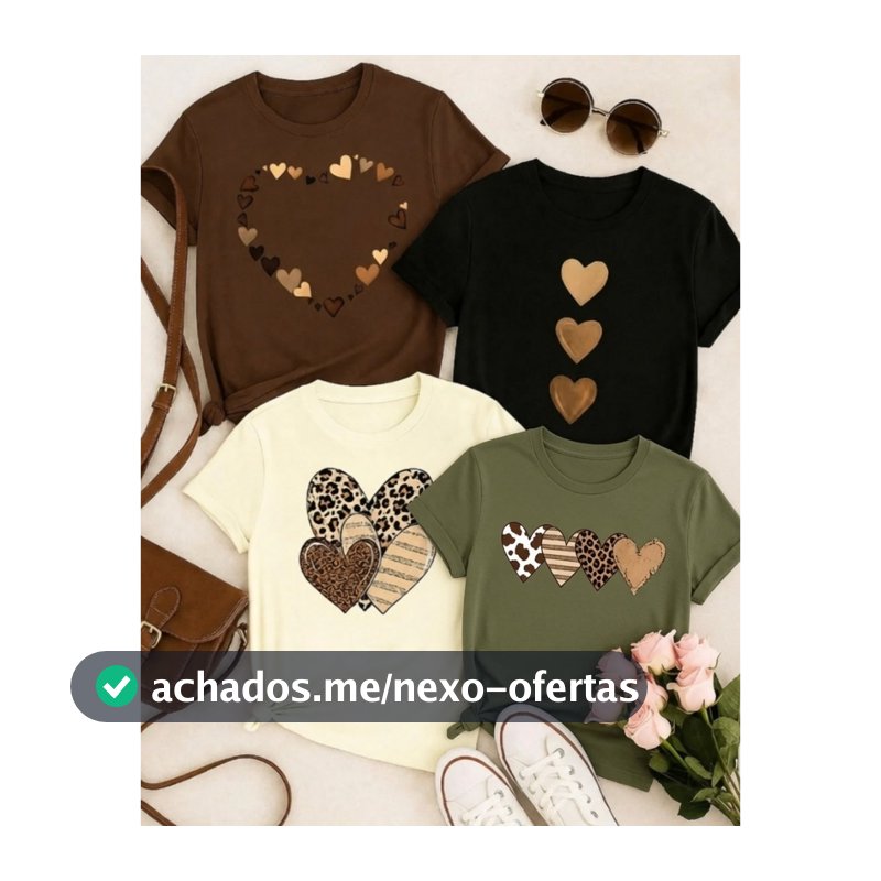 Kit 4 Camisetas Femininas com Estampa de Corações, Looks Casuais verde militar, off white, marrom