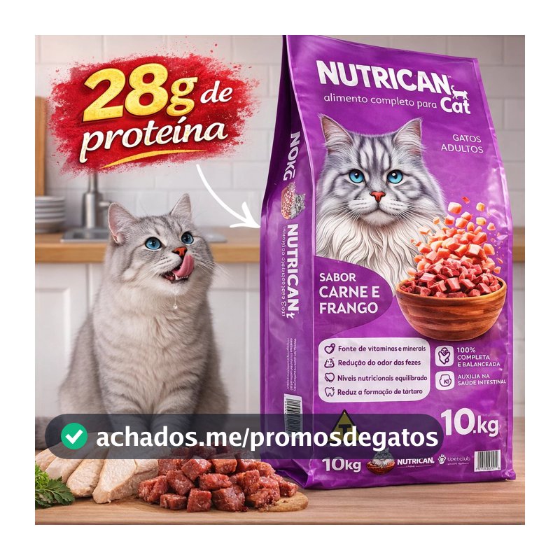 Ração para Gatos Adultos Nutrican Cat Carne e Frango 10,1kg – Alimento Premium Completo, Nutrição Balanceada, Proteínas