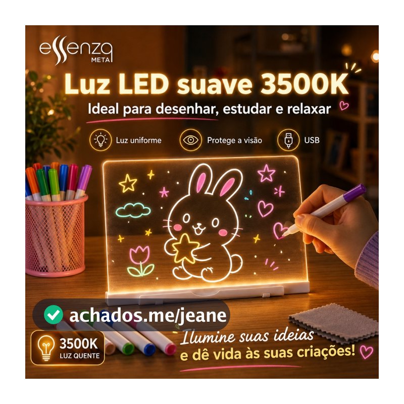 Lousa LED Acrílica Quadro de Recados Transparente Luminária Anotações USB Canetas Essenza