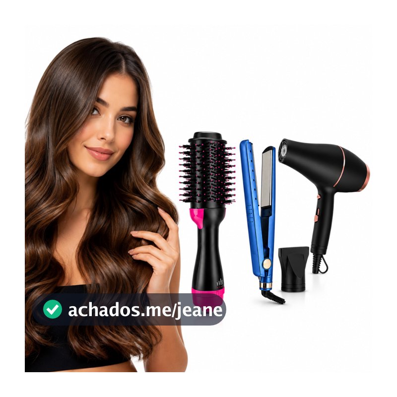 Kit Prancha Chapinha Nano Titanium + Secador de Cabelo + Escova Secadora Alisadora Oval 110V