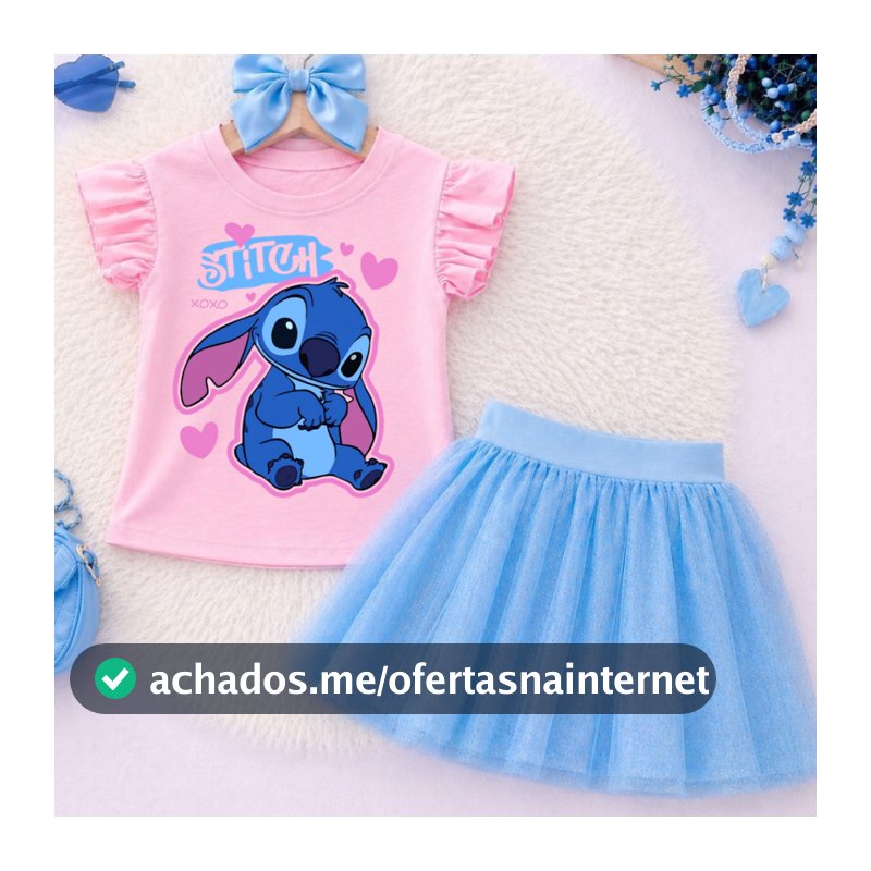 Conjunto Infantil Apaixonados Fofo stitch Roupa Menina Confortável azul e blusa rosa dia a dia festa meia estação