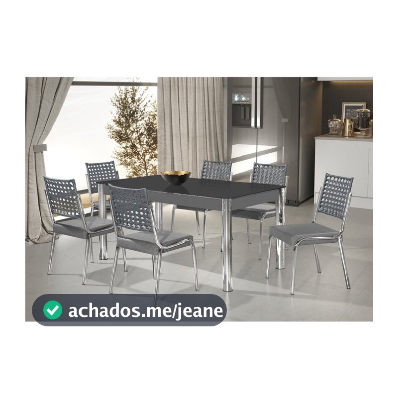 Conjunto Sala de Jantar Mesa Natani 160x90cm com 6 Cadeiras Natani Junco Yescasa Cinza/Preto/Cromado Cinza/Preto/Cromado