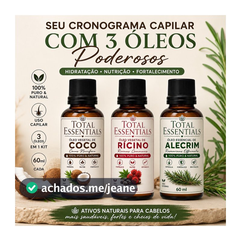 Kit Terapia Capilar Óleo de Coco Alecrim e Rícino 3x60ml para Hidratação, Nutrição e Controle do Frizz