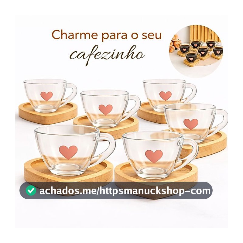 Jogo de Xícaras de Café com Pires de Madeira Coração Cantinho do Café Kit Presente Feminino