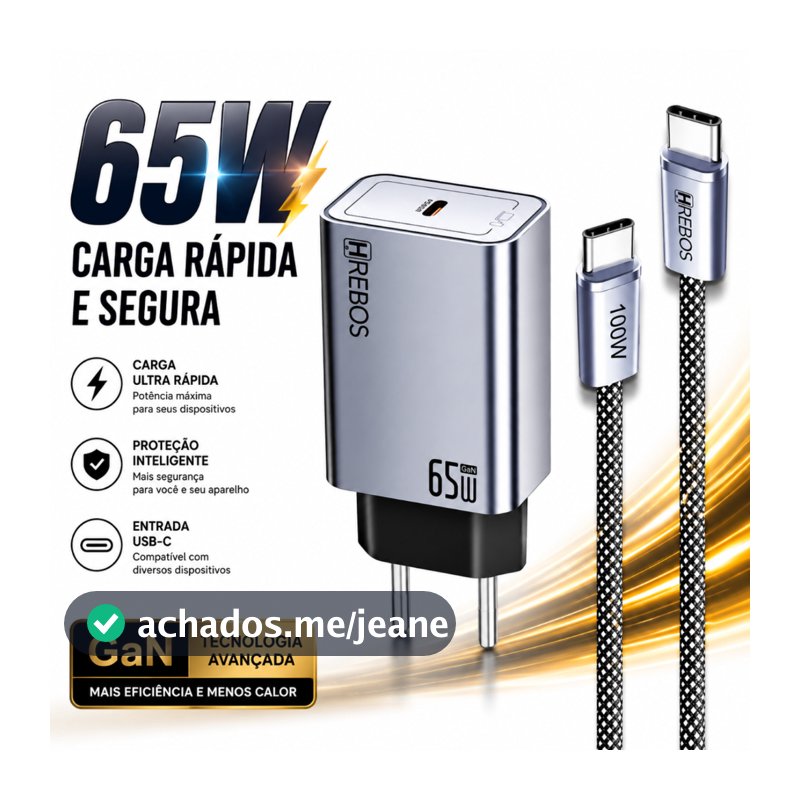 Carregador Celular Turbo 65W USB-C PD + Cabo Type-C Carga Rápida Carregador Rapido Gan USB-C
