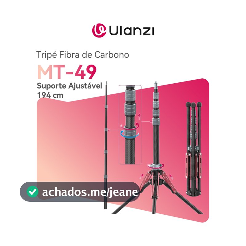 ULANZI MT-49 Tripé Fibra de Carbono 194 cm Suporte Ajustável com Clipe para Celular Luz de Estúdio