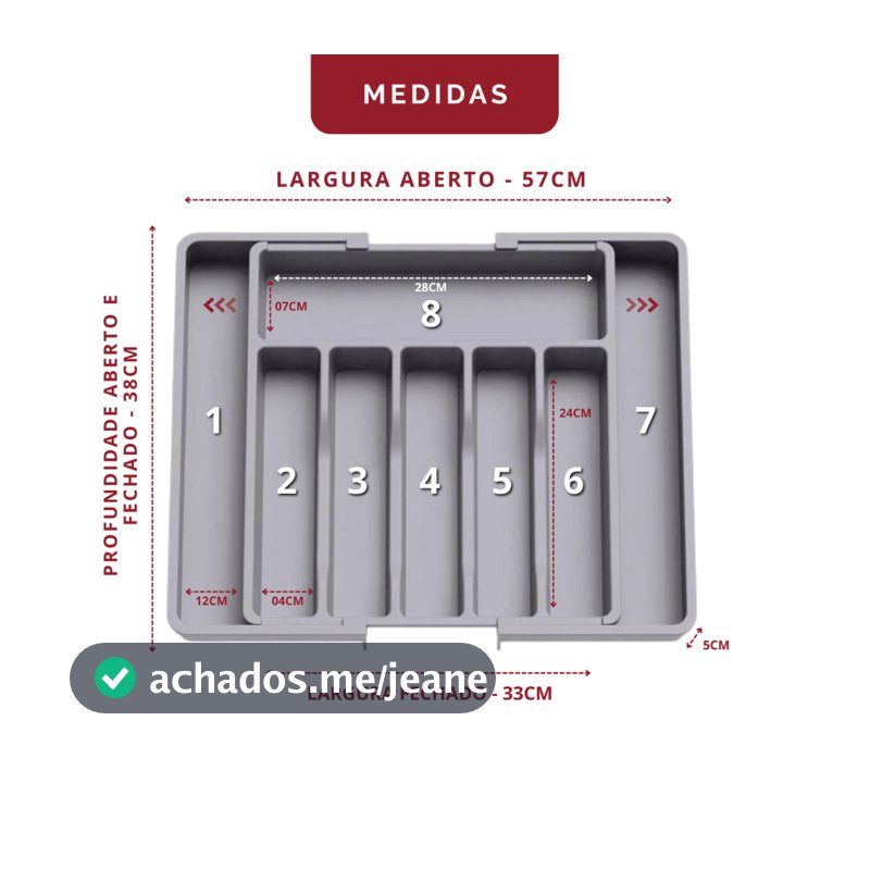 Organizador de gaveta para talheres com 8 compartimentos e extensor ajustável