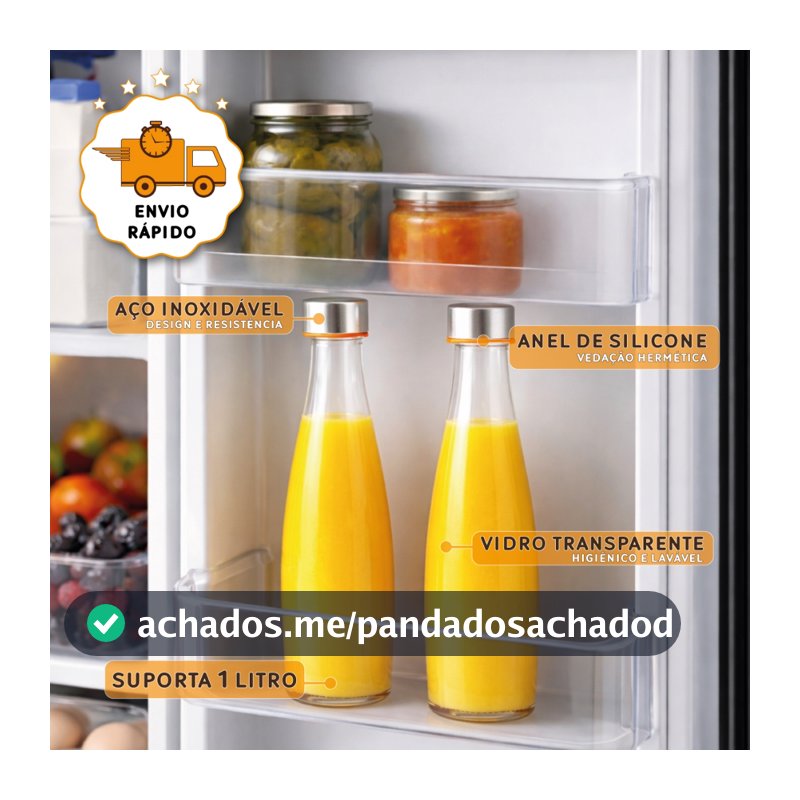 Jogo Garrafas De Vidro Redondo Geladeira Suco Laranja Reutilizável Tampa Hermética De Aço Inoxidável