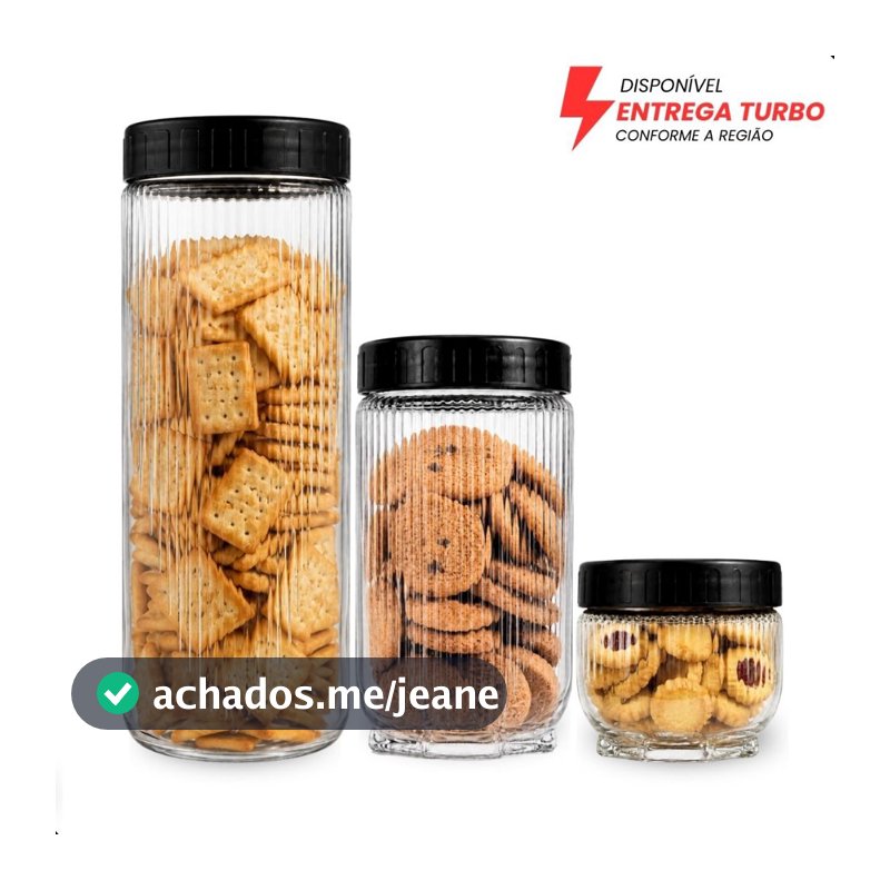 Conjunto de Potes Canelado Vidro Hermético Kit 3 Peças para Mantimentos e Organização