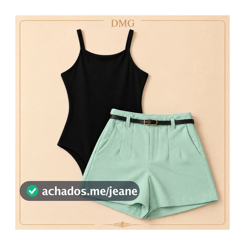 Conjunto Feminino Body Alcinha + Short Alfaiataria com Cinto Zíper Lateral
