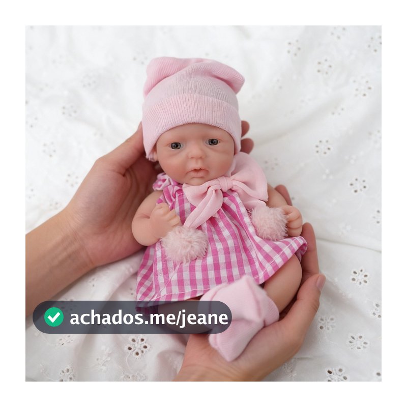 Bebê Reborn 20cm Silicone Solido Menina 100% Original Olho Azul Muito Macio Vestido Xadrez Rosa