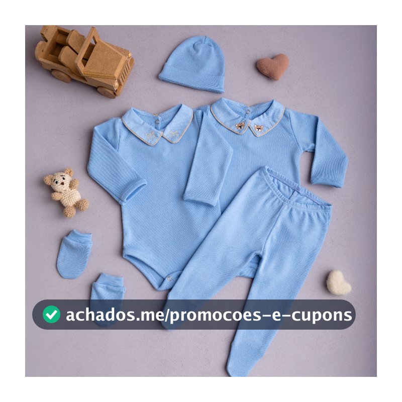 Kit 4 Peças Saída Maternidade Bebê Menino Azul Body Touca Calça Mijão Luvas 100% Algodão