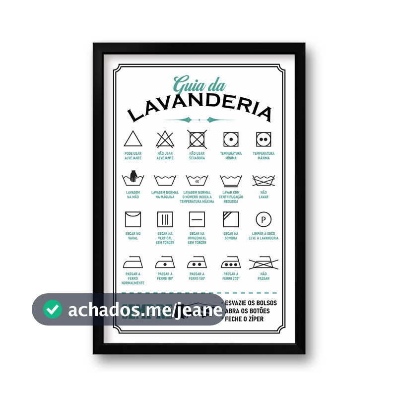 Quadro com Moldura Guia da Lavanderia - Símbolos de Lavagem, Regras de Cuidados com Roupas, Área de Serviço