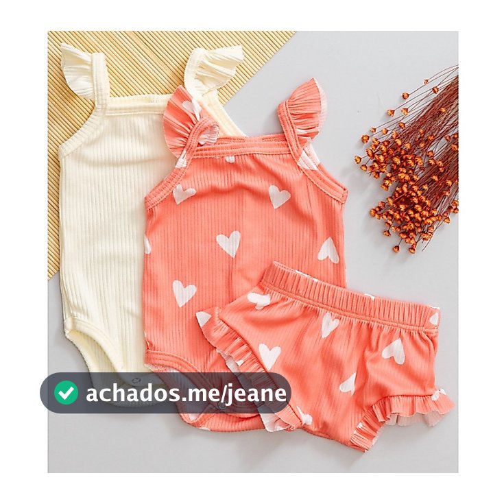 Kit 3 Peças Bebê Verão Body e Tapa Fralda Infantil Babado Menina Estampa de Coração Rosa
