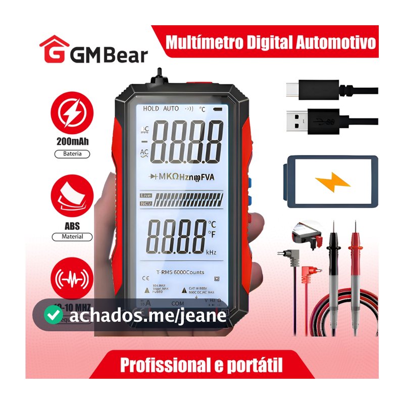 GM Bear Multímetro Digital,Multímetro Digital Automotivo,com Iluminação Bip Profissional Portátil,6000 contagem digital