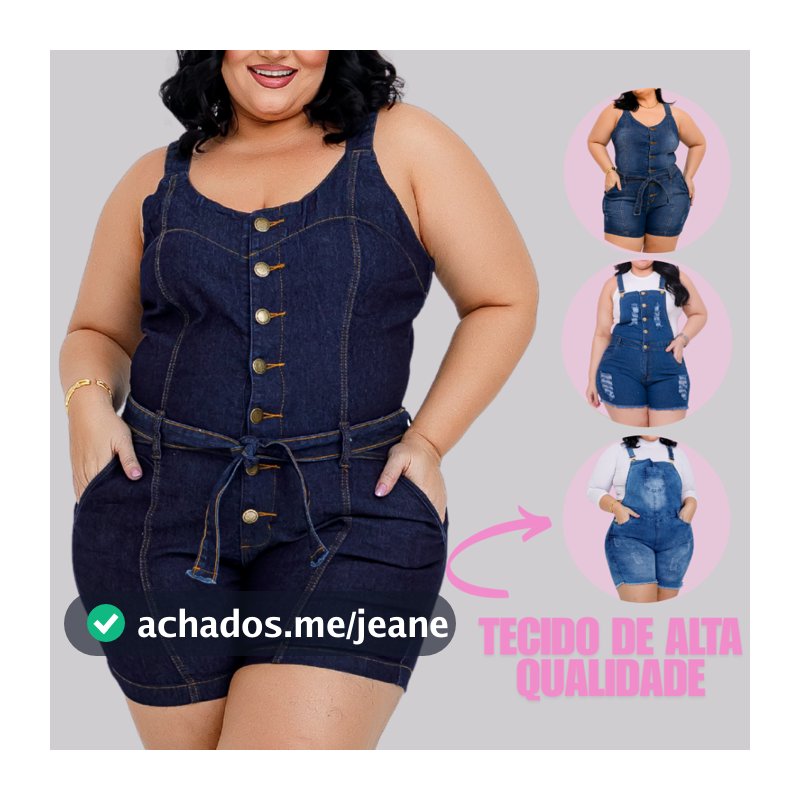 Jardineira Short Macaquinho Jeans Plus Size Feminina Lycra