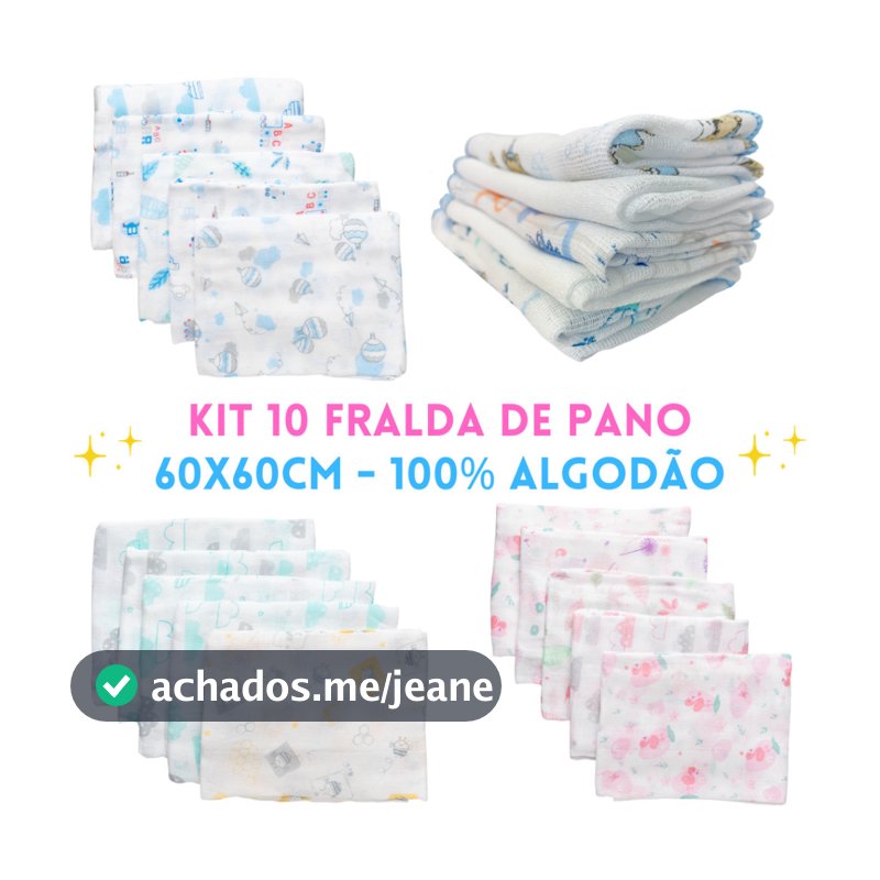 Fraldas de pano kit com 10 unidades 60x60cm 100% algodão Minasrey Bebê Babete Toalinha Babita Paninho Estampado