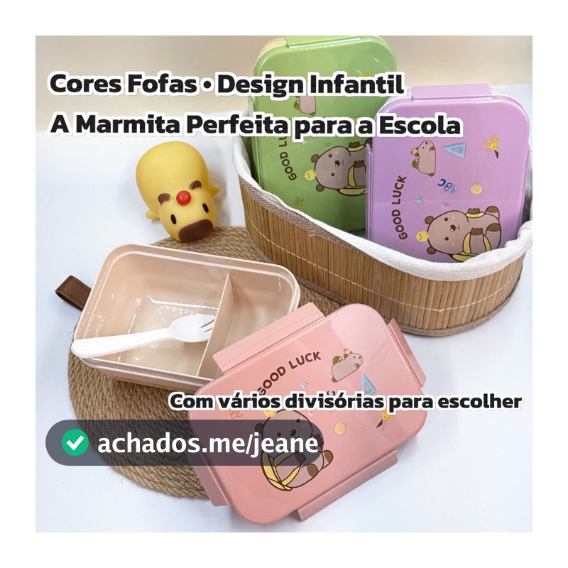 Marmita Infantil Capivara com Divisórias e Tampa Vedada + Talher – Lilás, Verde e Rosa 920ML