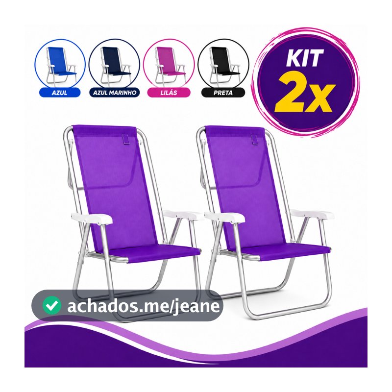 Kit Cadeira de Praia Reclinável 2 Unidades Alumínio 8 Posições Suporta 100Kg