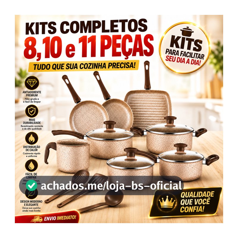 Jogo de Panelas Antiaderente, Kit com 8, 10 ou 11 Peças - Com Tampas de Vidro e Utensílios